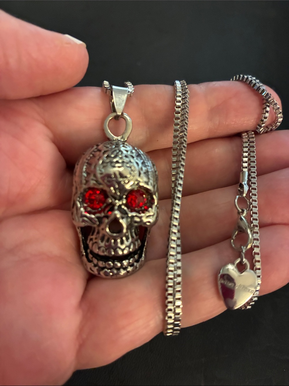 Silver Skull Pendant Necklace with Red Crystal Eyes - - Picture 2 of 7